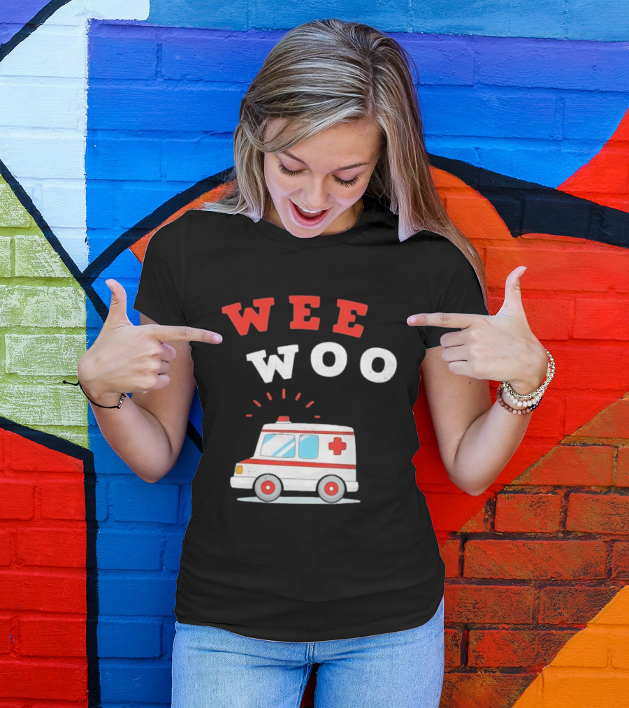 Wee Woo Cartoon Ambulance Emergency Vehicle Rescue Red And White T-Shirt