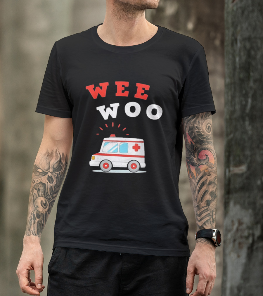 Wee Woo Cartoon Ambulance Emergency Vehicle Rescue Red And White T-Shirt