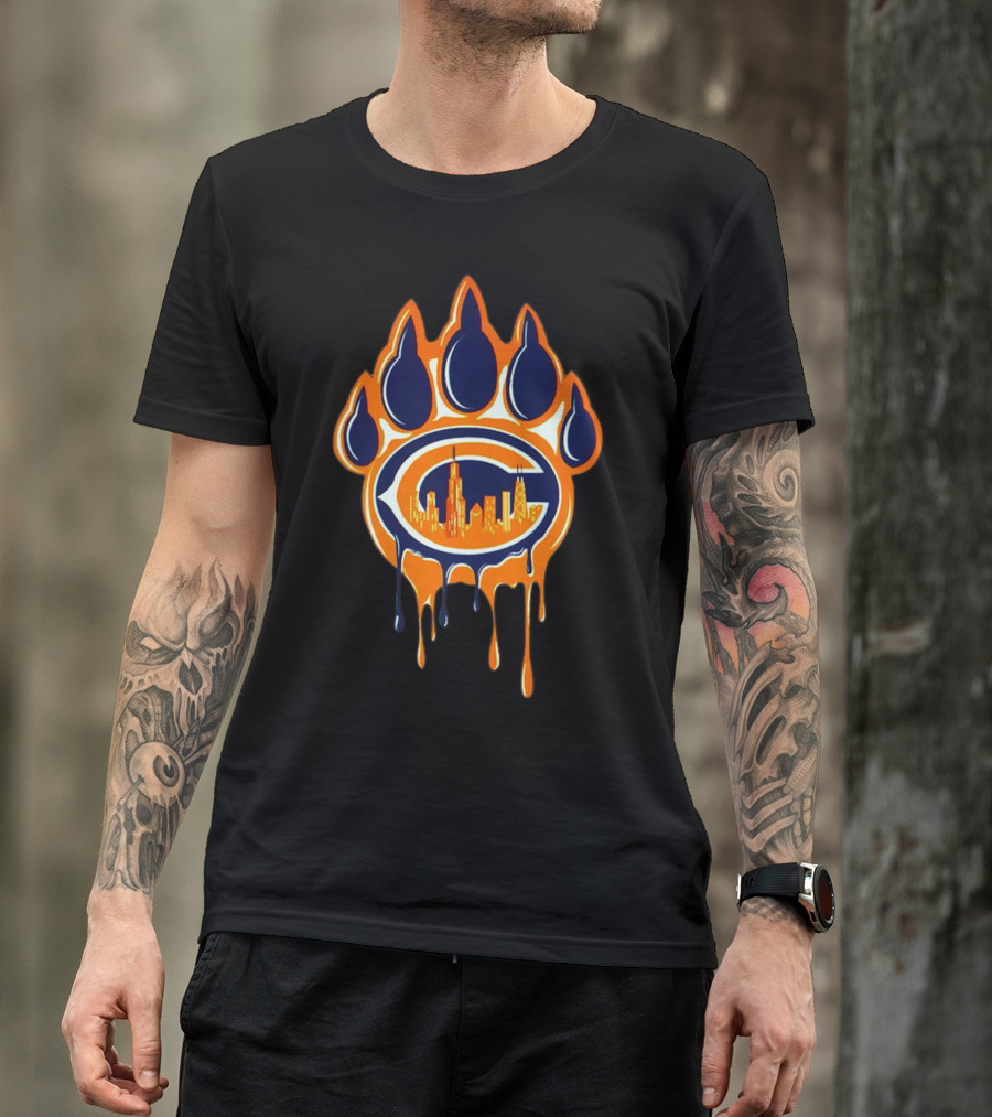 Chicago Bears Paw Print Skyline Dripping C Logo Navy And Orange T-Shirt
