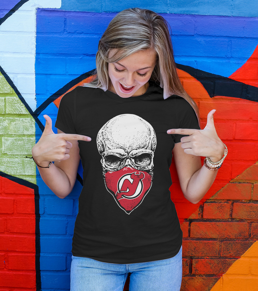 Skull With New Jersey Devils Logo As Face Mask T-Shirt