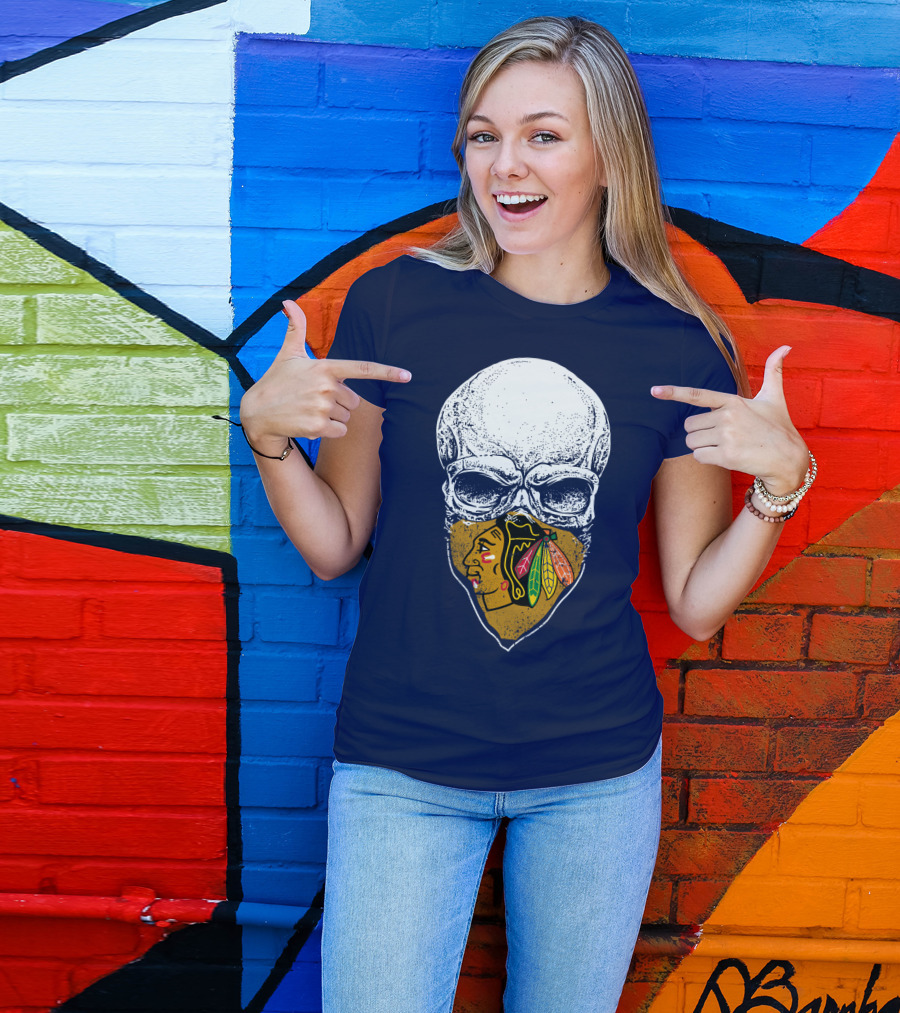 Skull With Native American Mask Blackhawks Logo Inspired T-Shirt