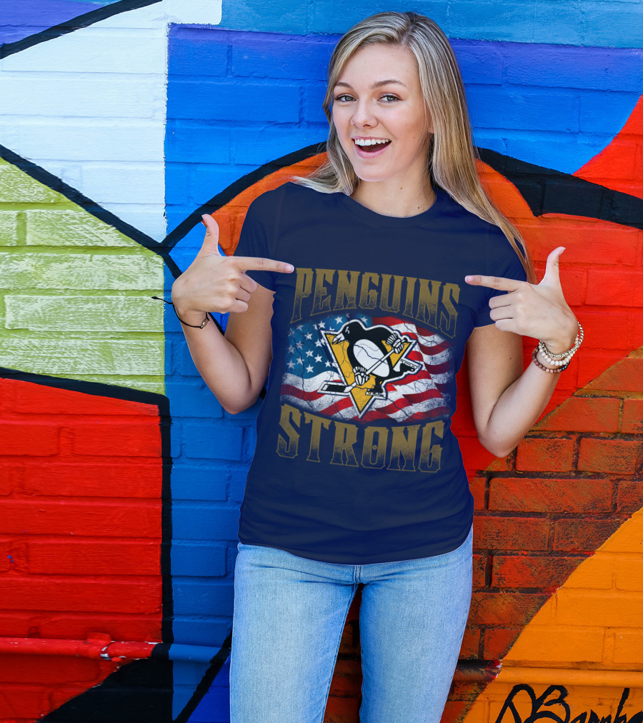 Penguins Strong American Flag Hockey T-Shirt