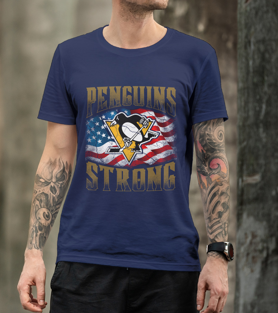 Penguins Strong American Flag Hockey T-Shirt