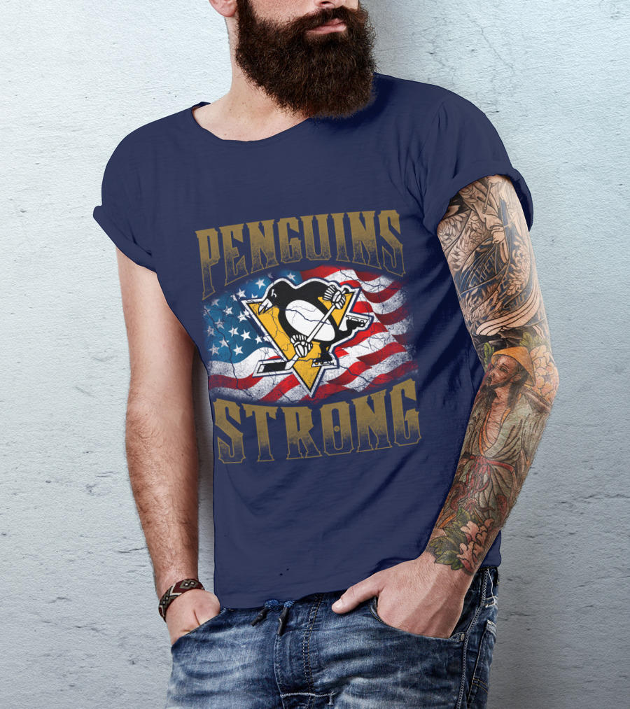 Penguins Strong American Flag Hockey T-Shirt