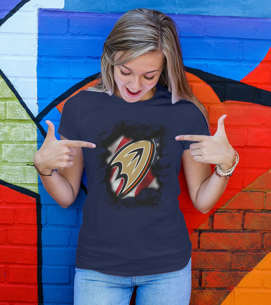 Anaheim Ducks Logo With American Flag Backdrop T-Shirt