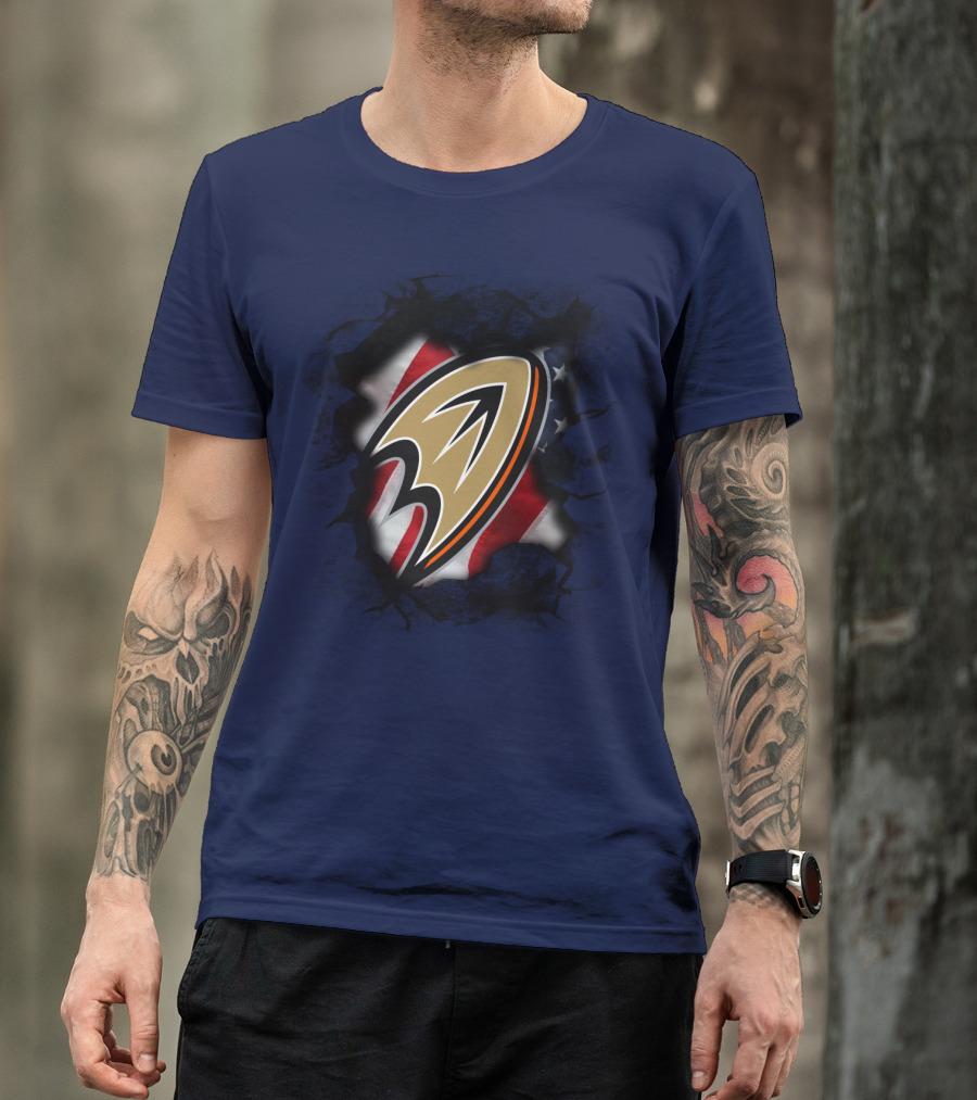 Anaheim Ducks Logo With American Flag Backdrop T-Shirt