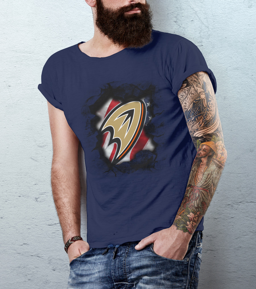 Anaheim Ducks Logo With American Flag Backdrop T-Shirt