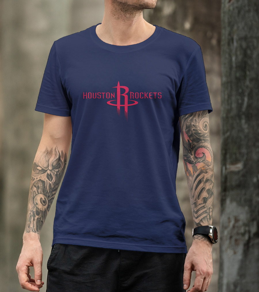 Houston Rockets Nba Red Logo On Dark Blue T-Shirt