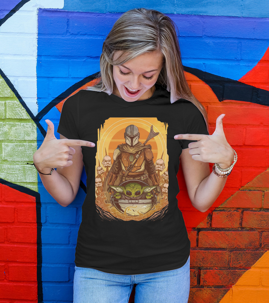 Mandalorian And Baby Yoda With Stormtroopers And Orange Sunset Scene T-Shirt