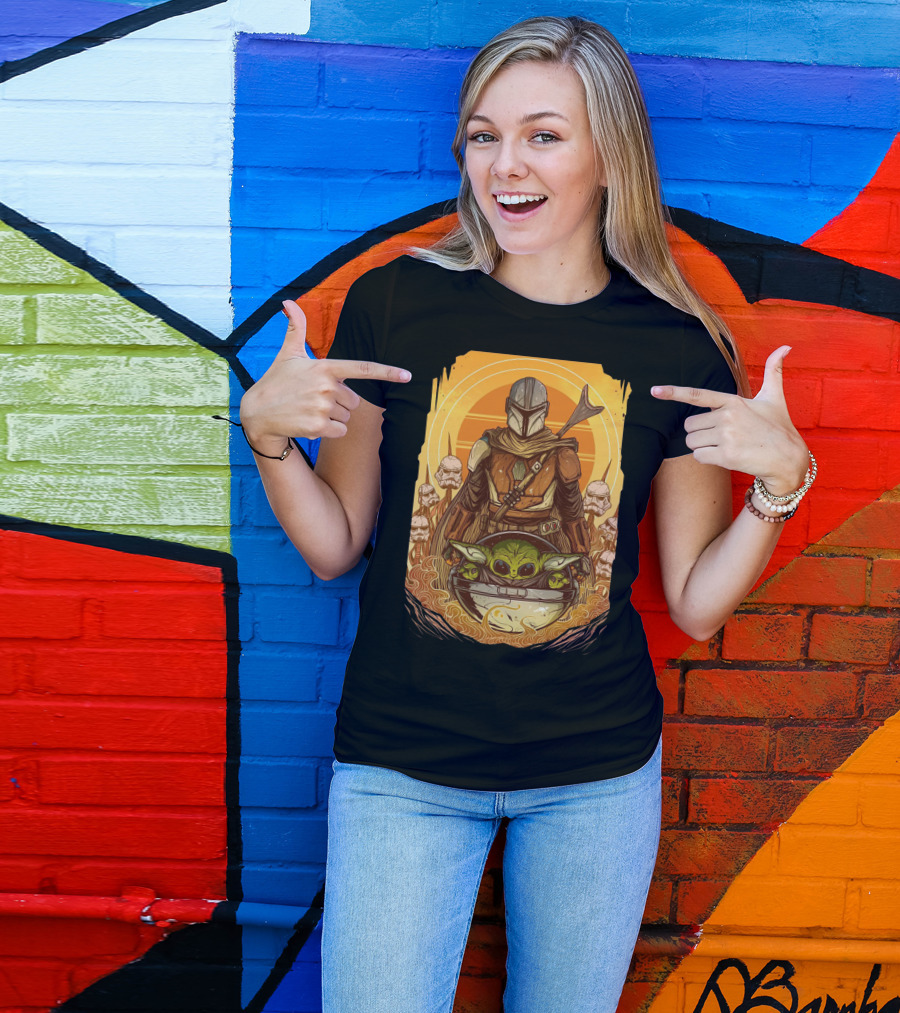 Mandalorian And Baby Yoda With Stormtroopers And Orange Sunset Scene T-Shirt