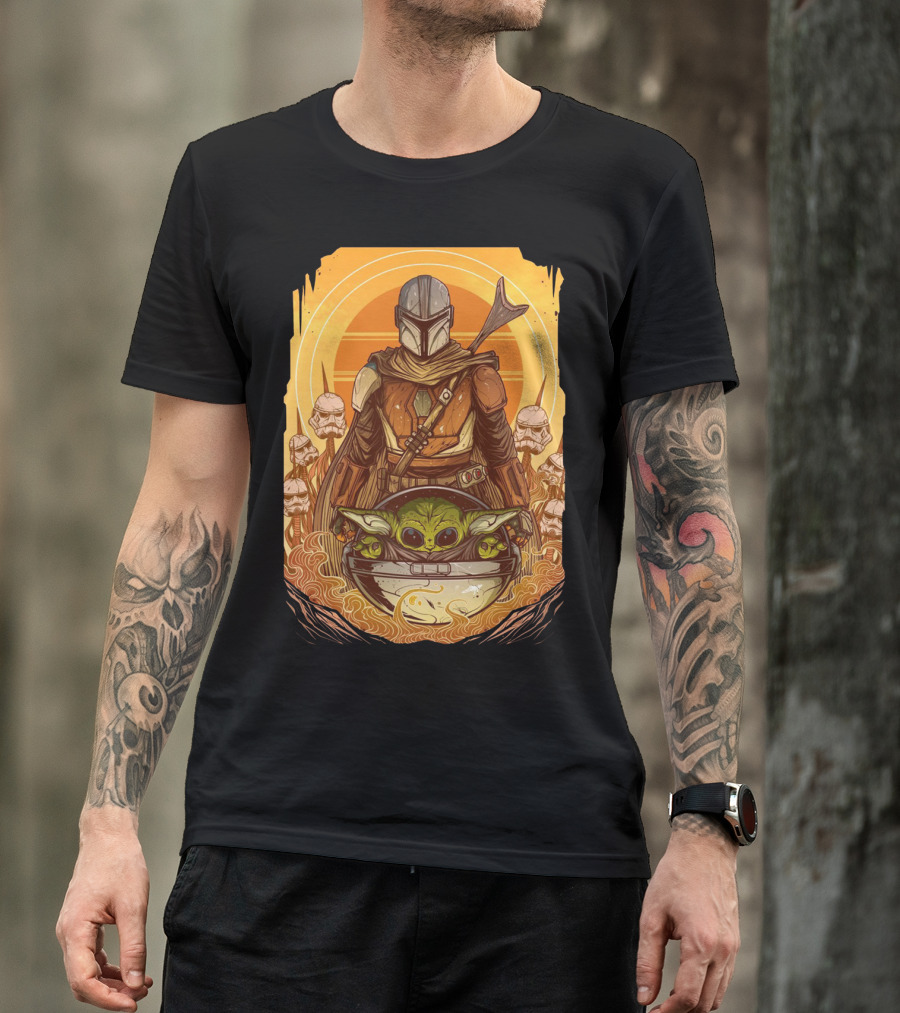 Mandalorian And Baby Yoda With Stormtroopers And Orange Sunset Scene T-Shirt