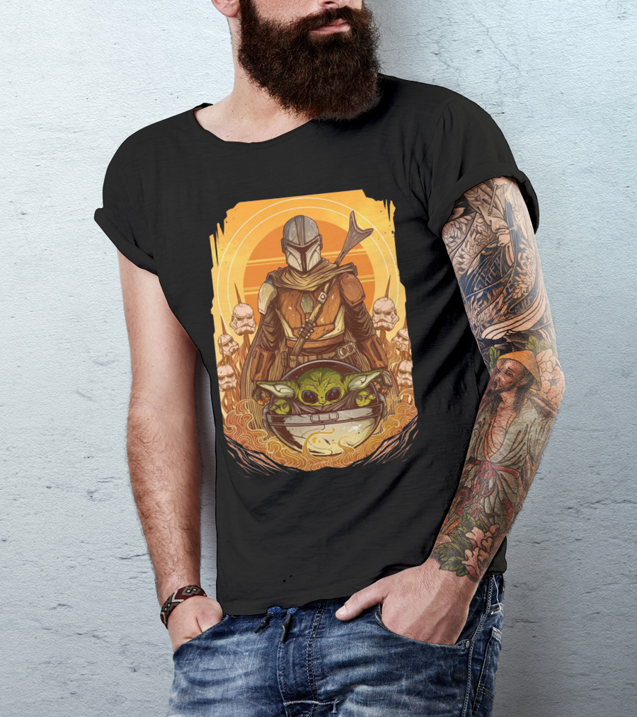 Mandalorian And Baby Yoda With Stormtroopers And Orange Sunset Scene T-Shirt