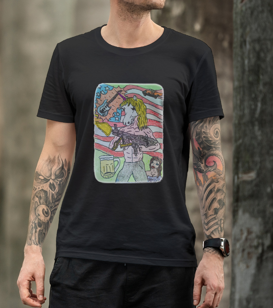 Unicorn Rocker With Guitar And Beer In Hand Against Stars And Stripes With Car T-Shirt