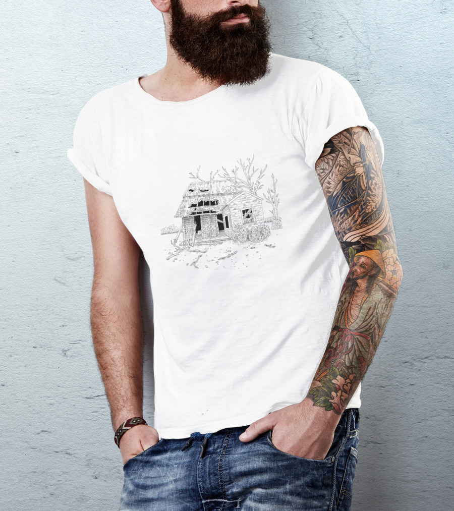 Abandoned House Haunted Cabin Sketch Spooky Forest T-Shirt