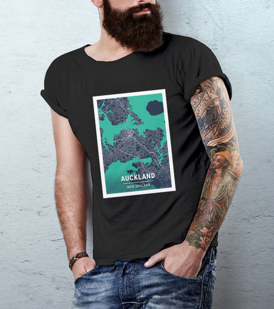Auckland New Zealand City Map In Blue And Green Outlined T-Shirt