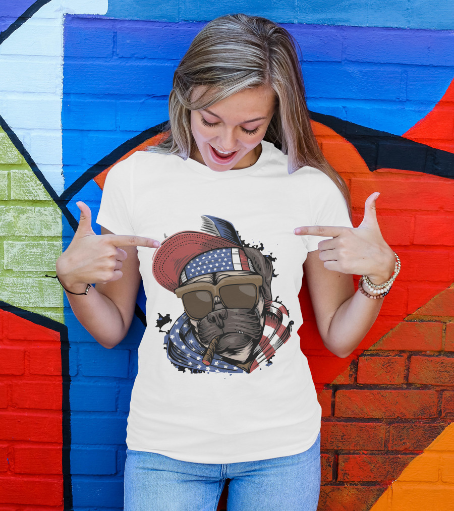 Pit Bull Boss American Flag Sunglasses Bandana Cigar Cool Dog T-Shirt