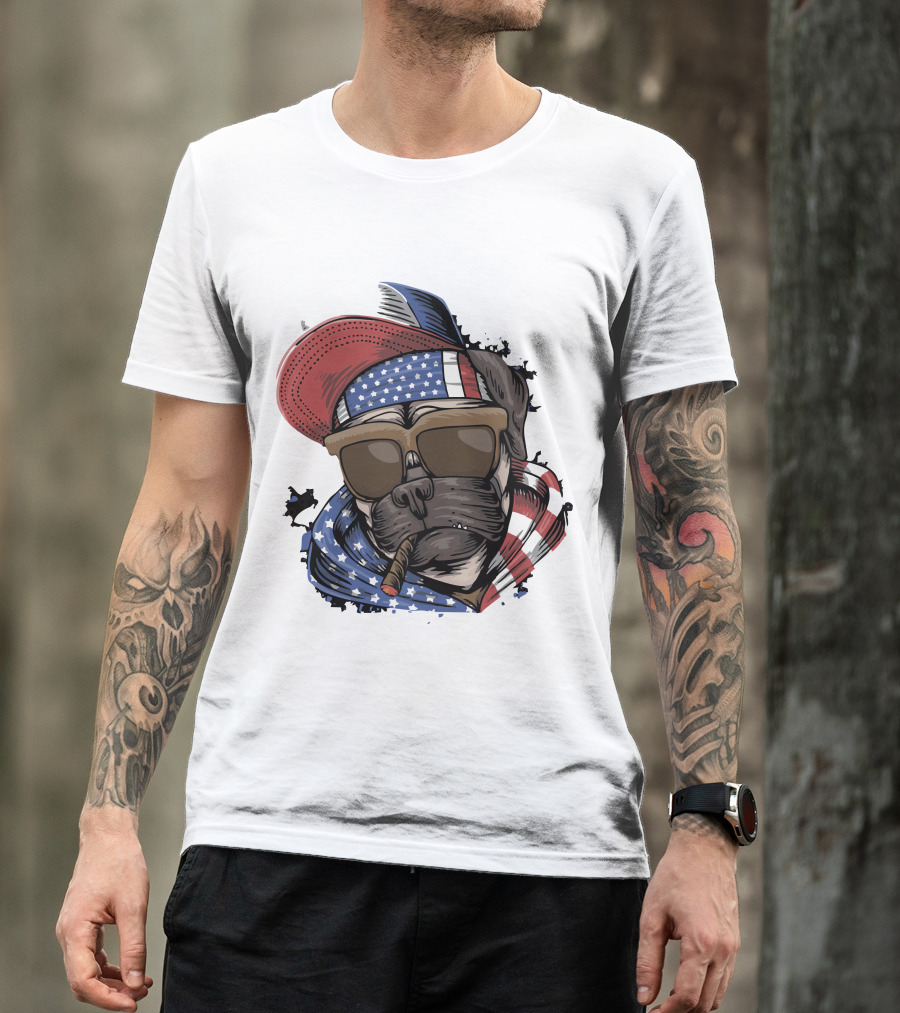 Pit Bull Boss American Flag Sunglasses Bandana Cigar Cool Dog T-Shirt