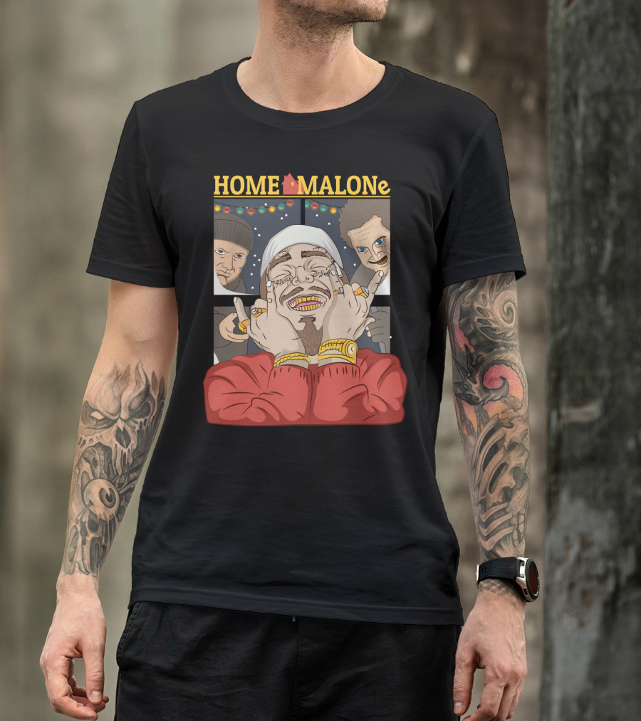Home Malone Parody Featuring Post Malone Holiday Mashup With Home Alone Villains T-Shirt