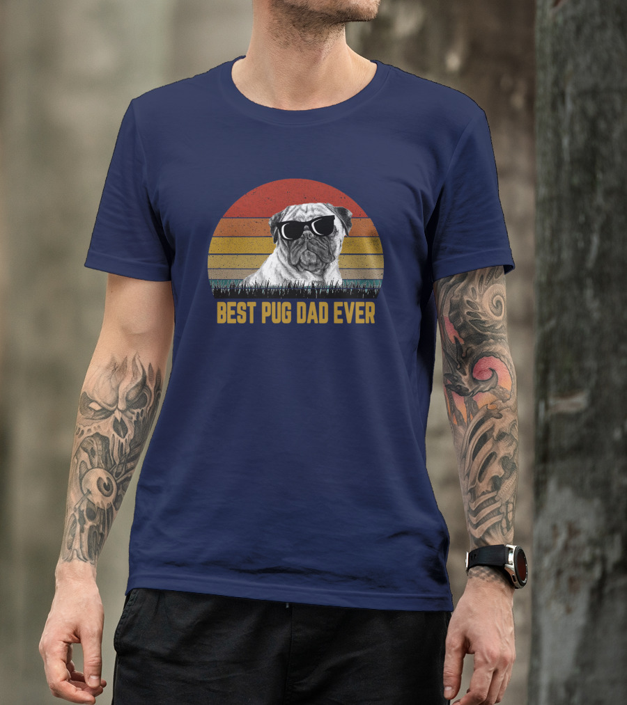 Best Pug Dad Ever Sunglasses Retro Sunset Background T-Shirt