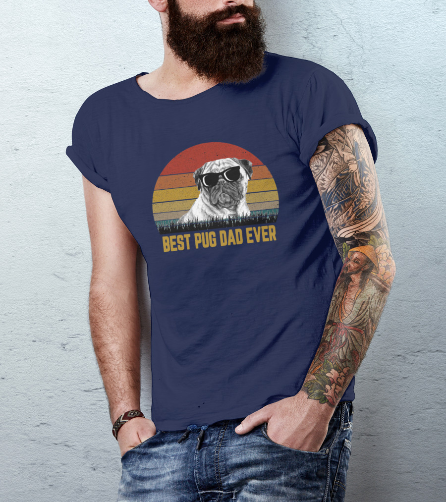 Best Pug Dad Ever Sunglasses Retro Sunset Background T-Shirt