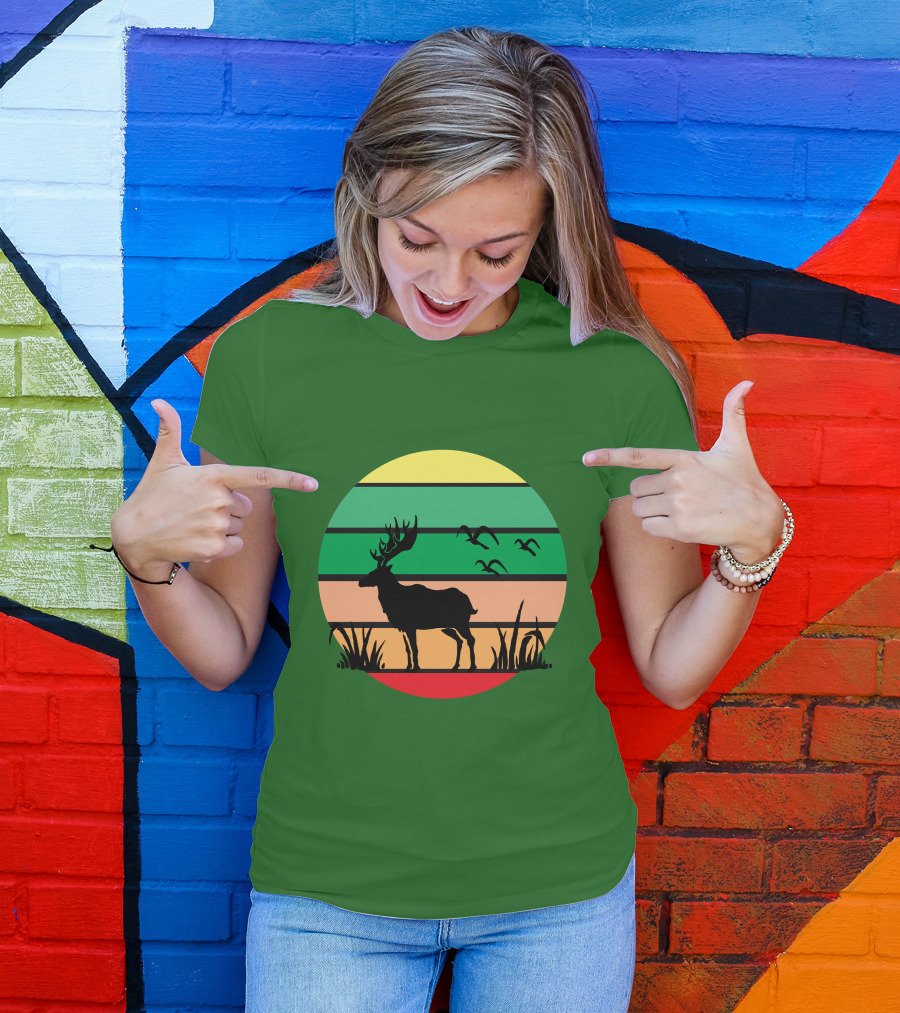 Lonely Reindeer Under The Sunset With Striped Background And Birds T-Shirt
