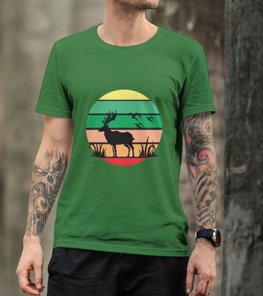 Lonely Reindeer Under The Sunset With Striped Background And Birds T-Shirt