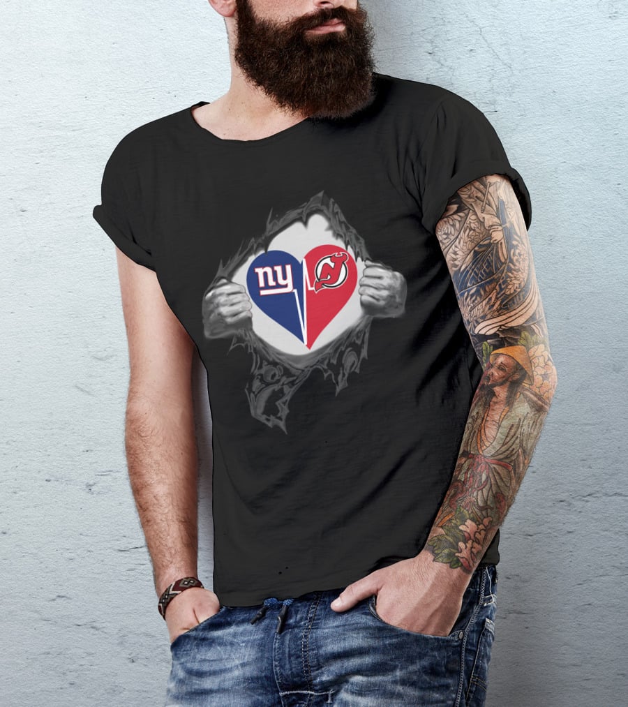 Ny Giants New Jersey Devils Heart Logo Nfl Nhl Fan Fusion T-Shirt