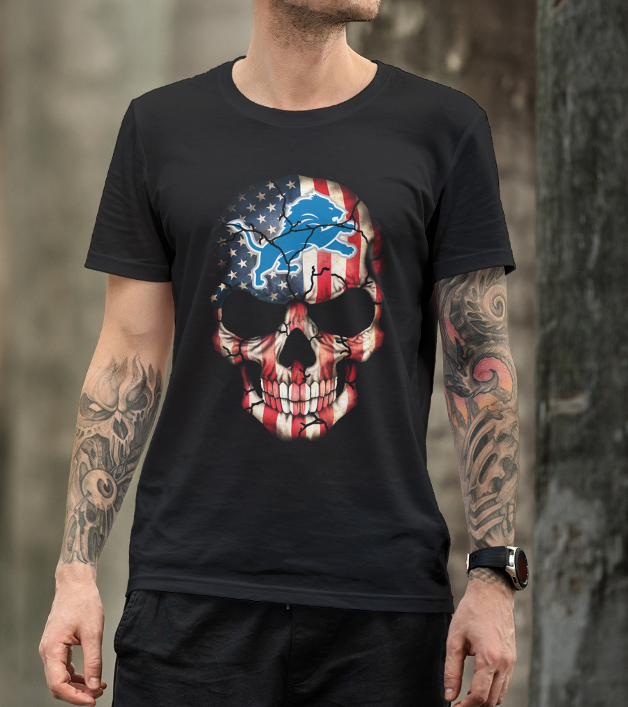 Detroit Lions American Flag Skull T-Shirt