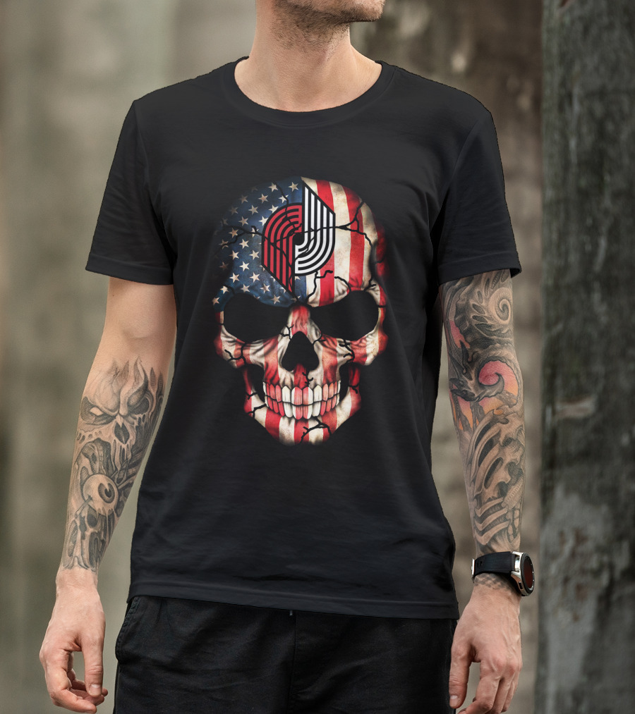Portland Trail Blazers American Flag Skull T-Shirt