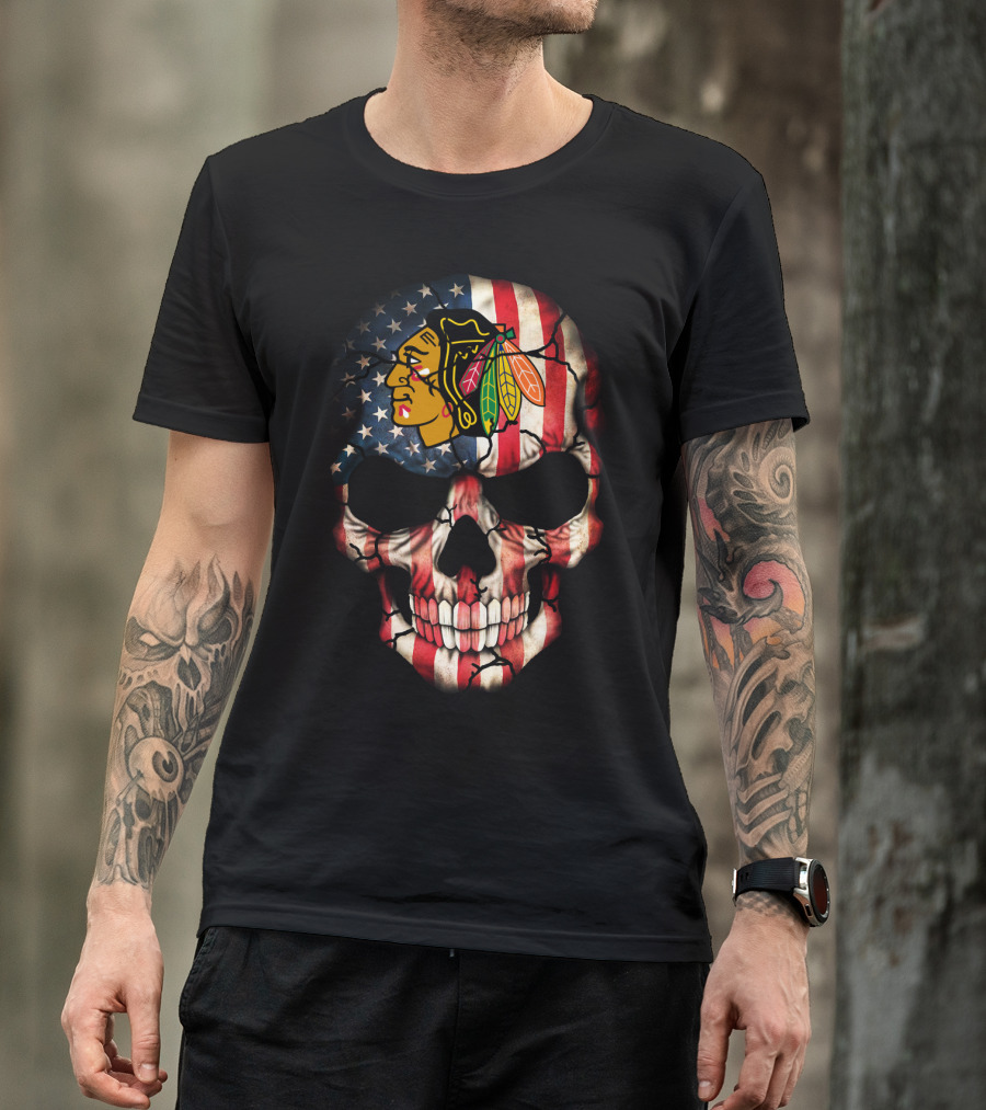 Chicago Blackhawks Skull American Flag T-Shirt