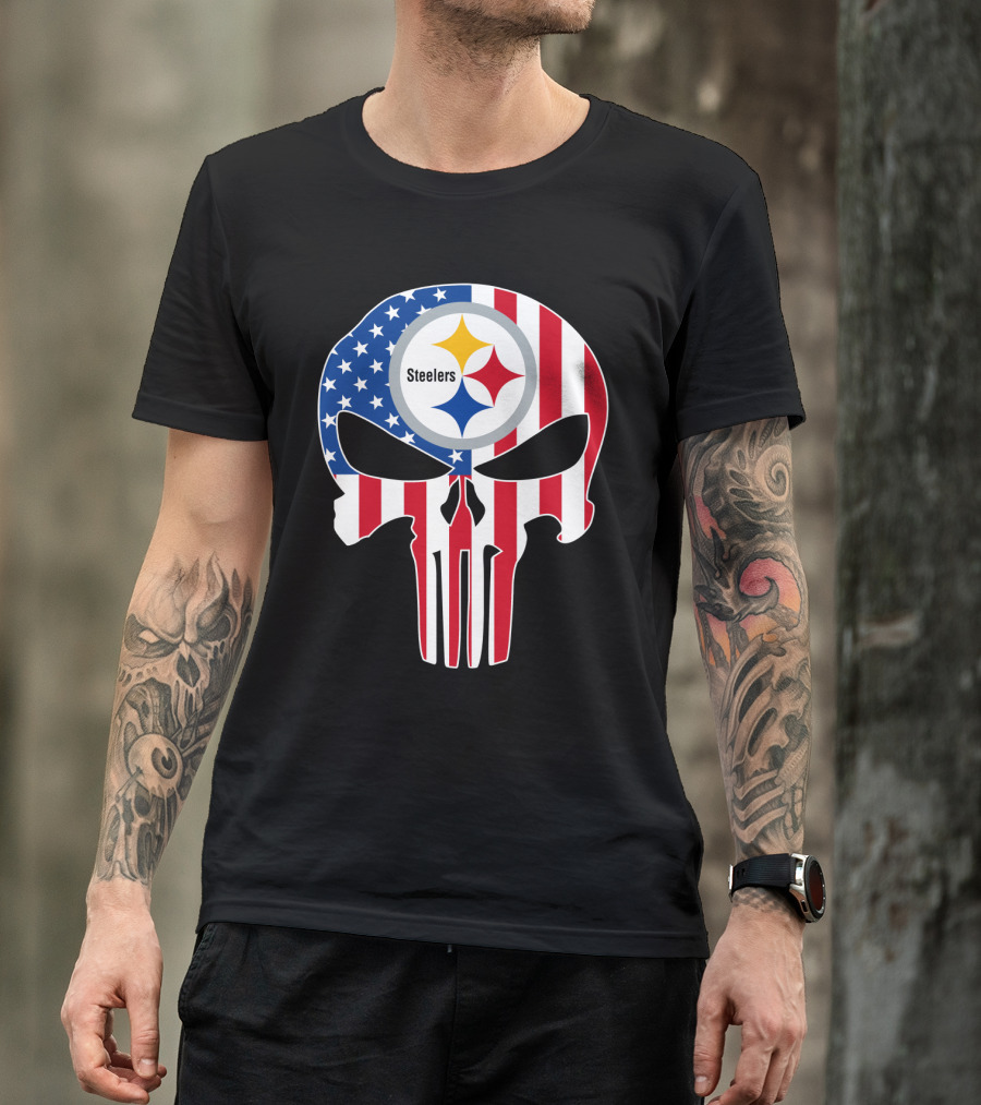 Steelers American Flag Skull T-Shirt