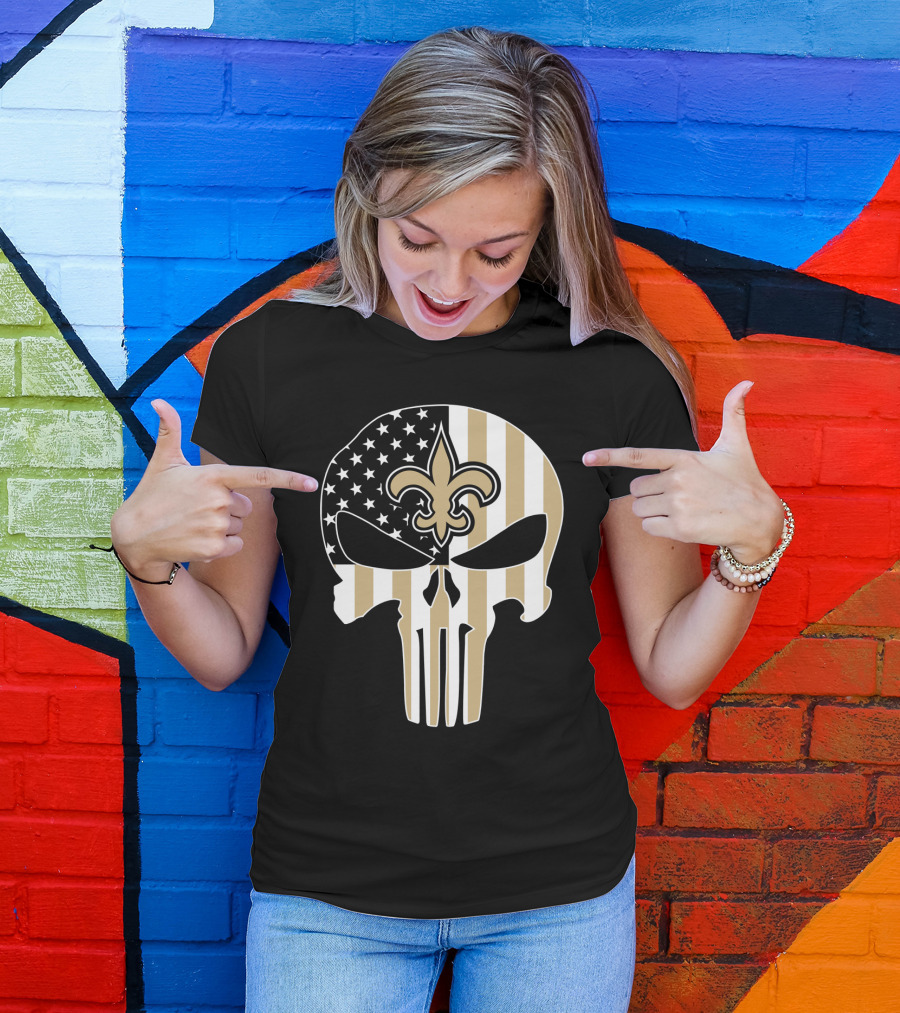 Saints Punisher Skull American Flag Fleur-De-Lis T-Shirt