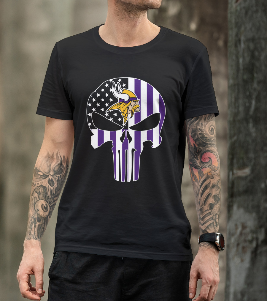 Minnesota Vikings Punisher American Flag Skull T-Shirt