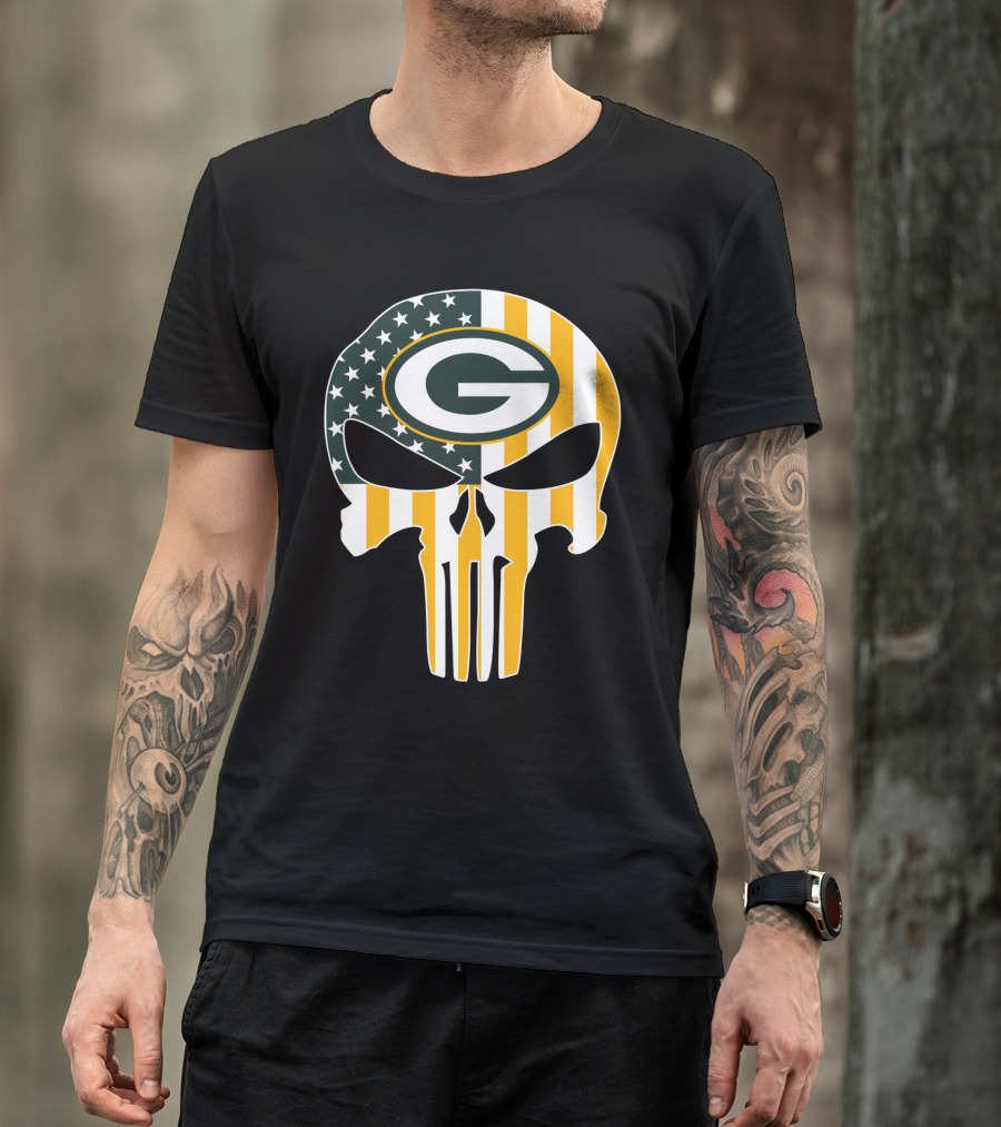 Green Bay Packers Punisher Skull American Flag T-Shirt