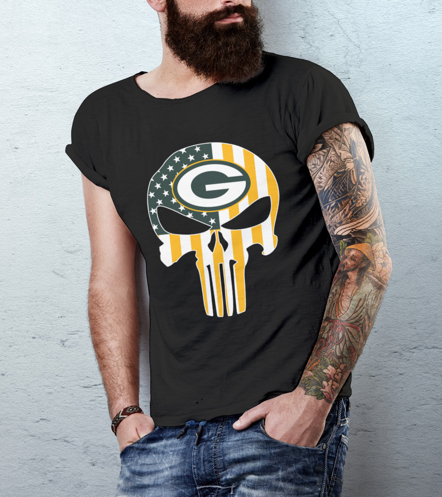 Green Bay Packers Punisher Skull American Flag T-Shirt