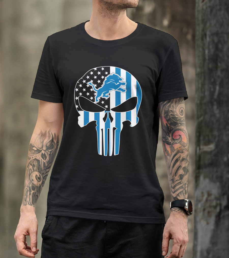 Detroit Lions Punisher Skull Logo American Flag T-Shirt
