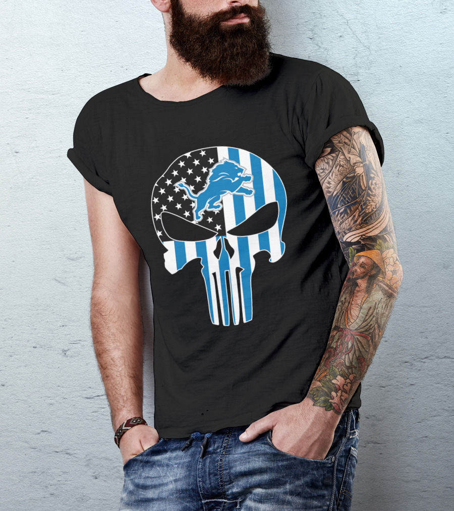 Detroit Lions Punisher Skull Logo American Flag T-Shirt