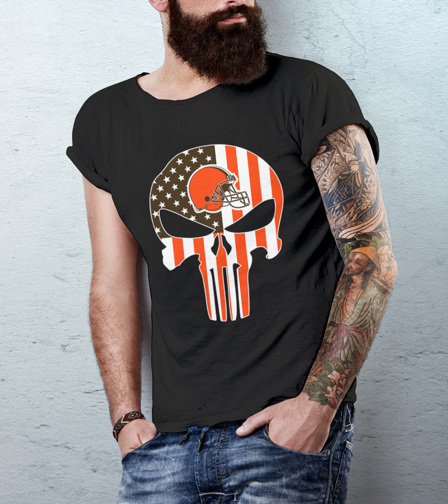 Cleveland Browns Skull American Flag Helmet T-Shirt