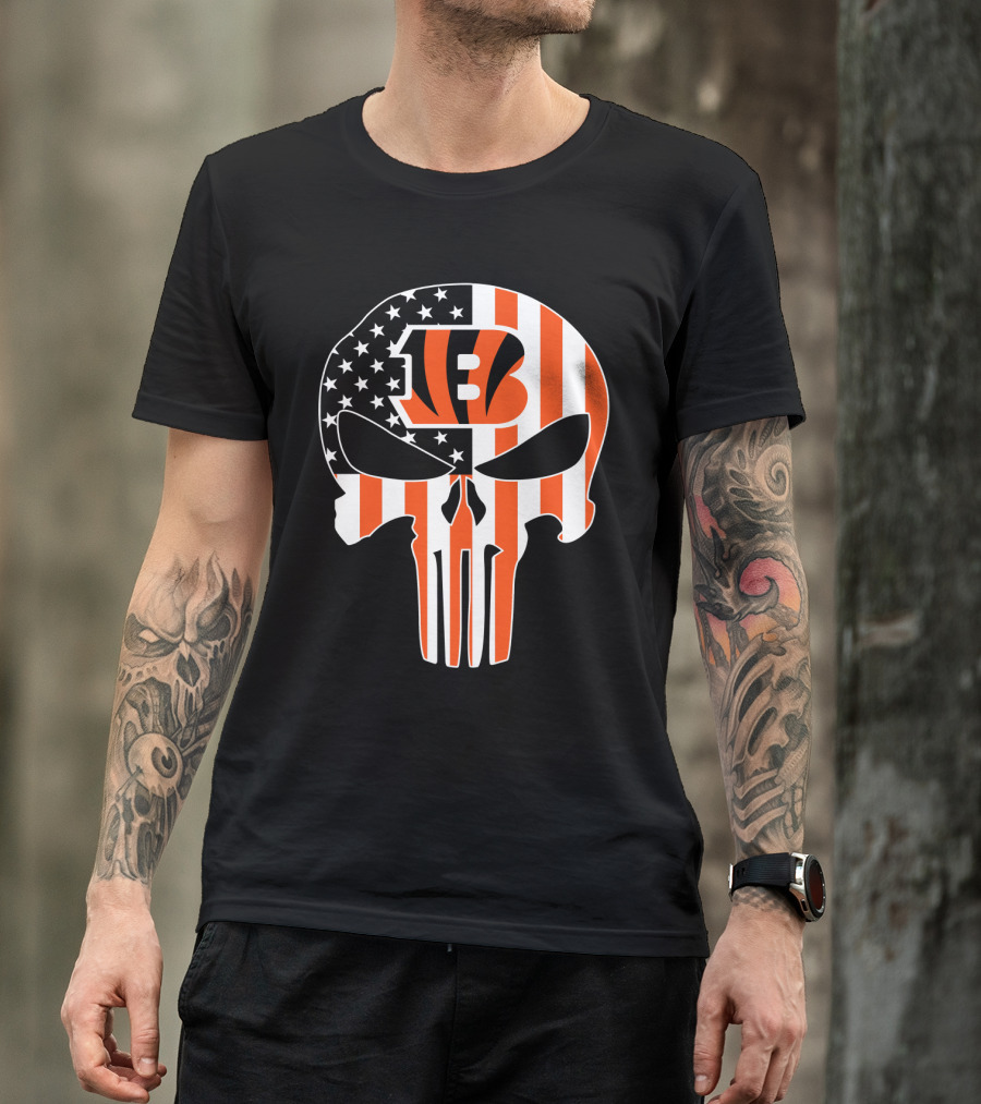 Bengals Skull American Flag Stripes T-Shirt