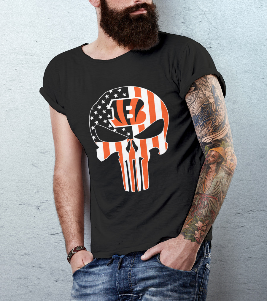 Bengals Skull American Flag Stripes T-Shirt