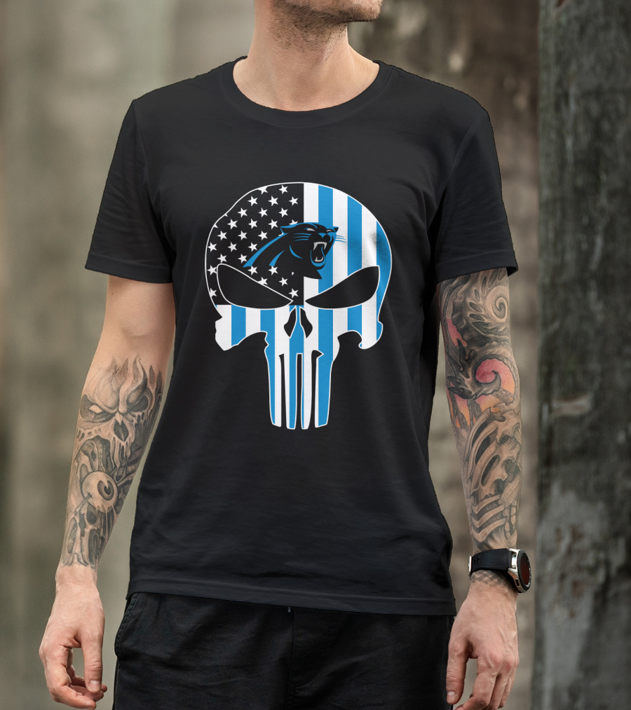 Carolina Panthers Punisher Skull American Flag T-Shirt