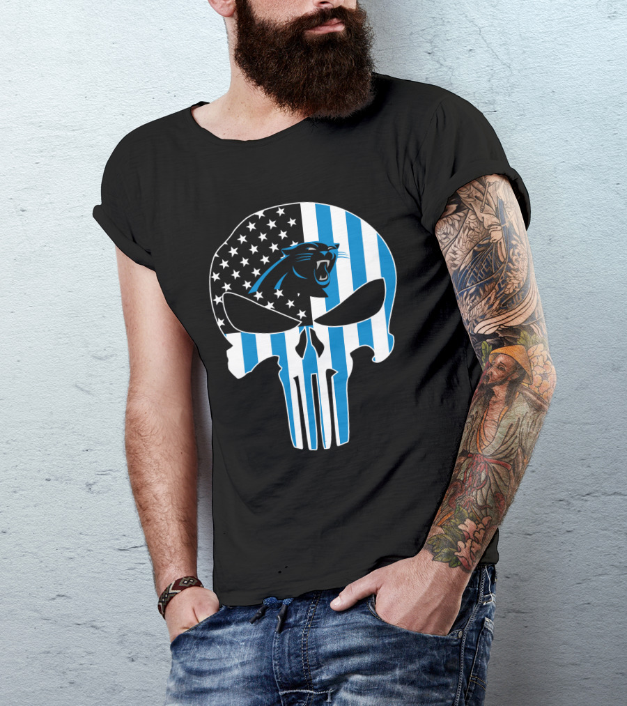 Carolina Panthers Punisher Skull American Flag T-Shirt