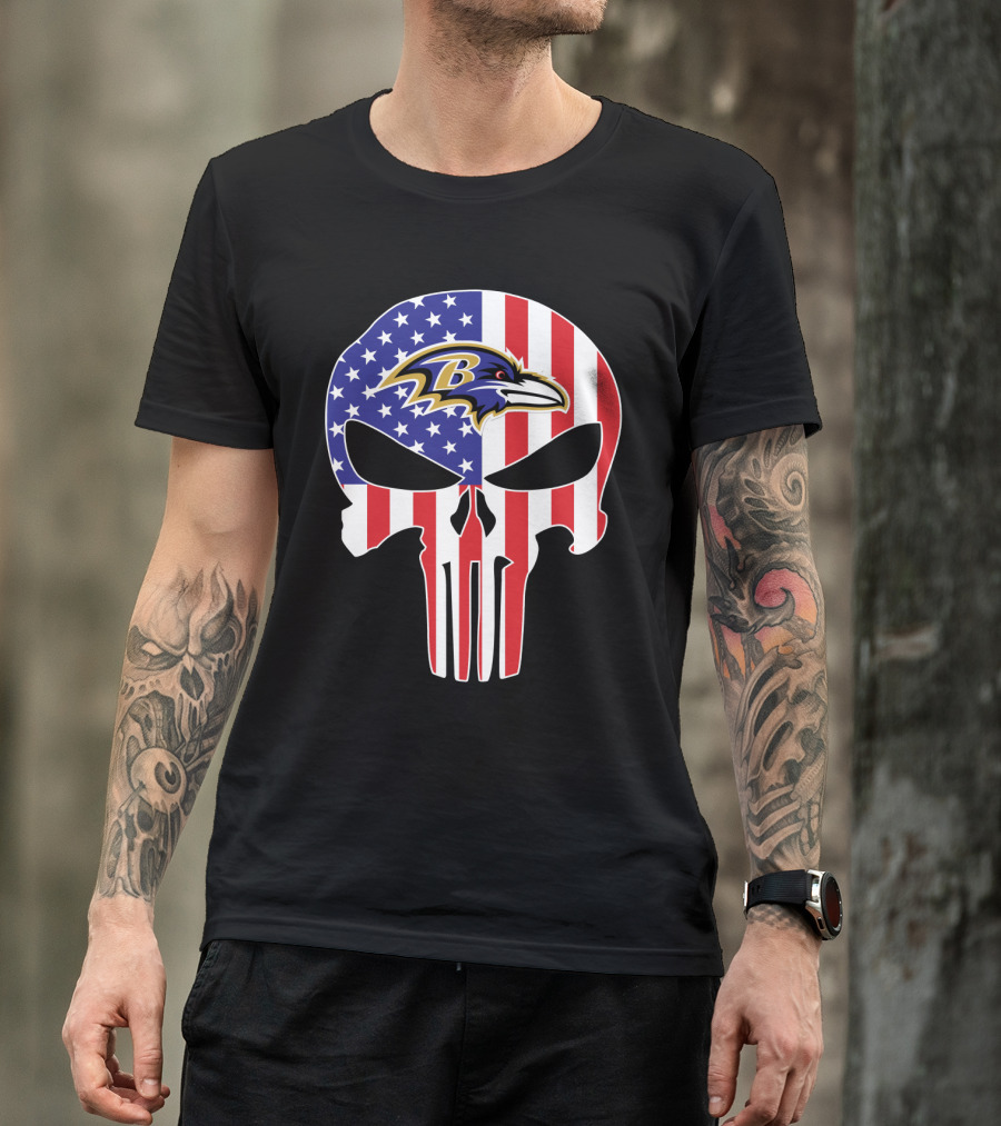 Ravens Skull American Flag Punisher Style T-Shirt