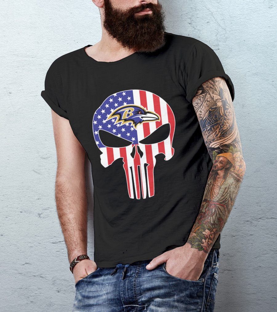 Ravens Skull American Flag Punisher Style T-Shirt