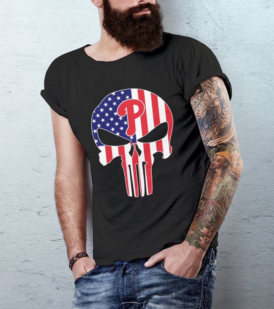 Phillies American Flag Punisher Style Skull T-Shirt