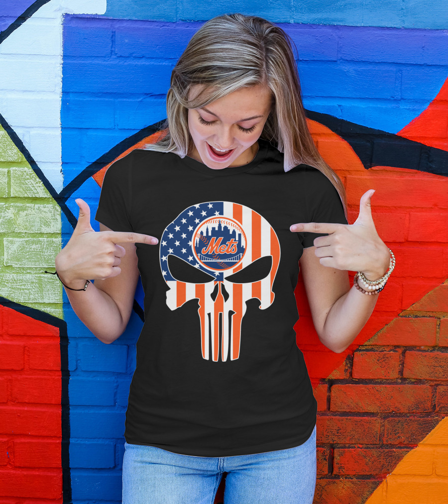 New York Mets American Flag Skull T-Shirt