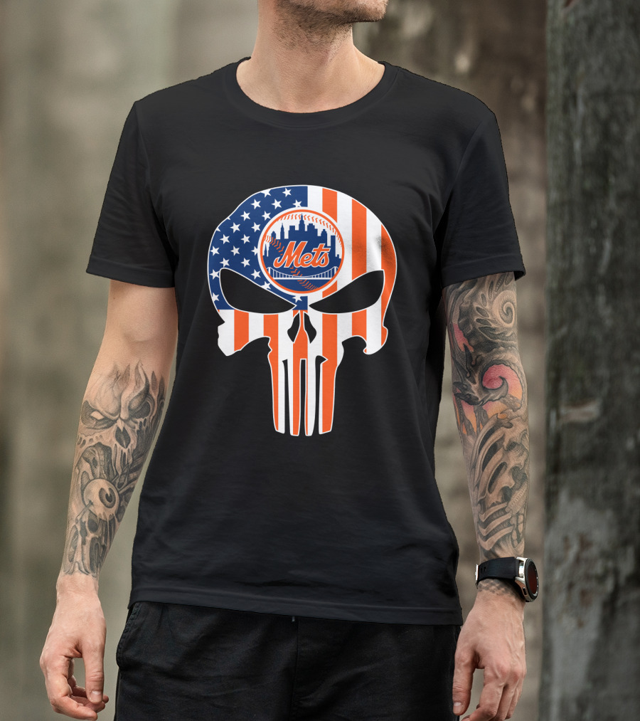 New York Mets American Flag Skull T-Shirt