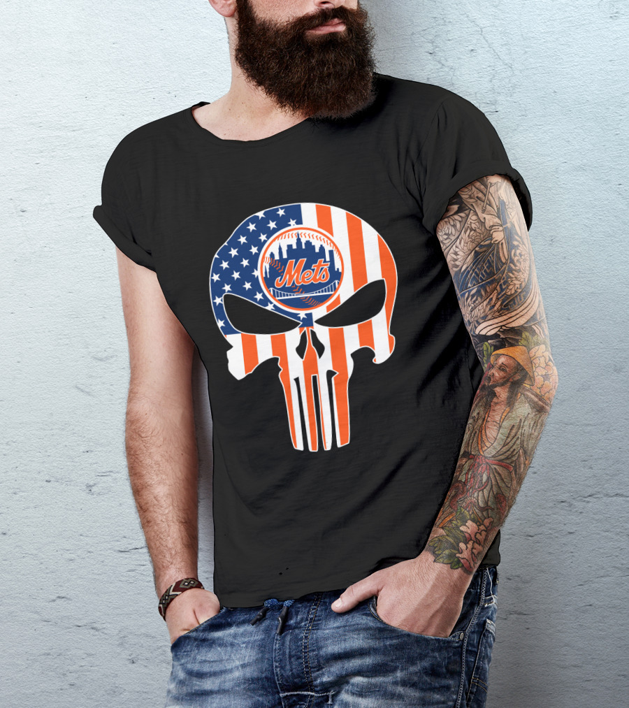 New York Mets American Flag Skull T-Shirt
