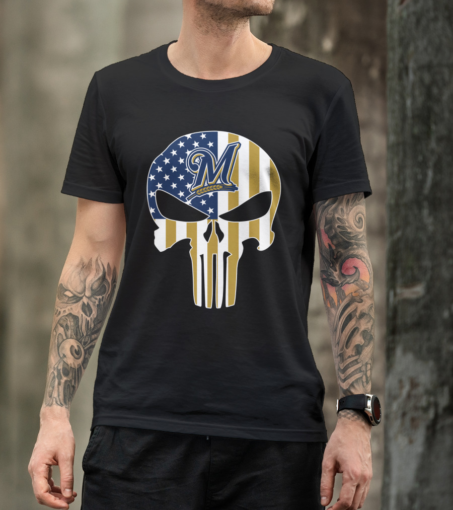 Milwaukee Brewers American Flag Skull T-Shirt