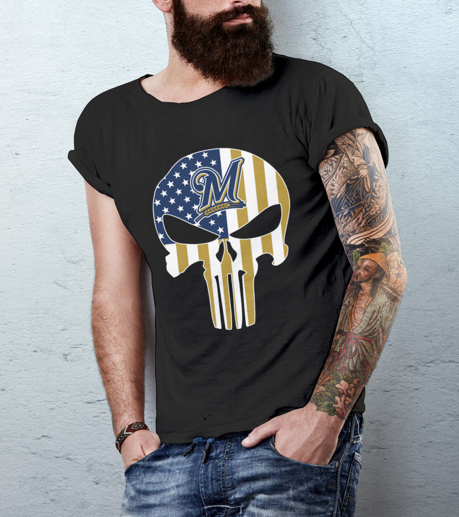 Milwaukee Brewers American Flag Skull T-Shirt